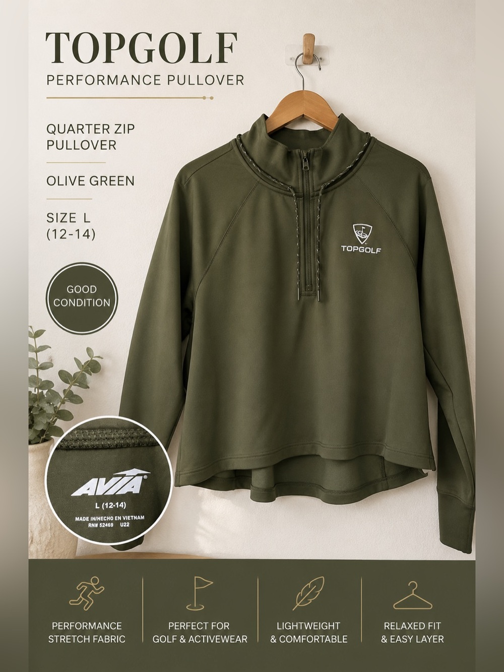 Topgolf Olive Green Performance Quarter Zip Pullover Size L
